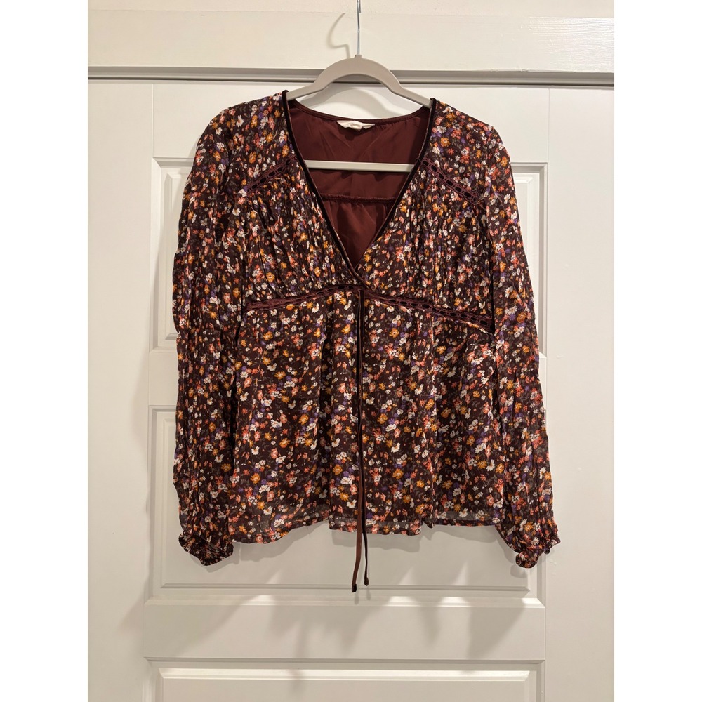 Lucky Brand Burgundy Floral V-Neck Peasant Top Velvet Trim Lace Detail Medium
